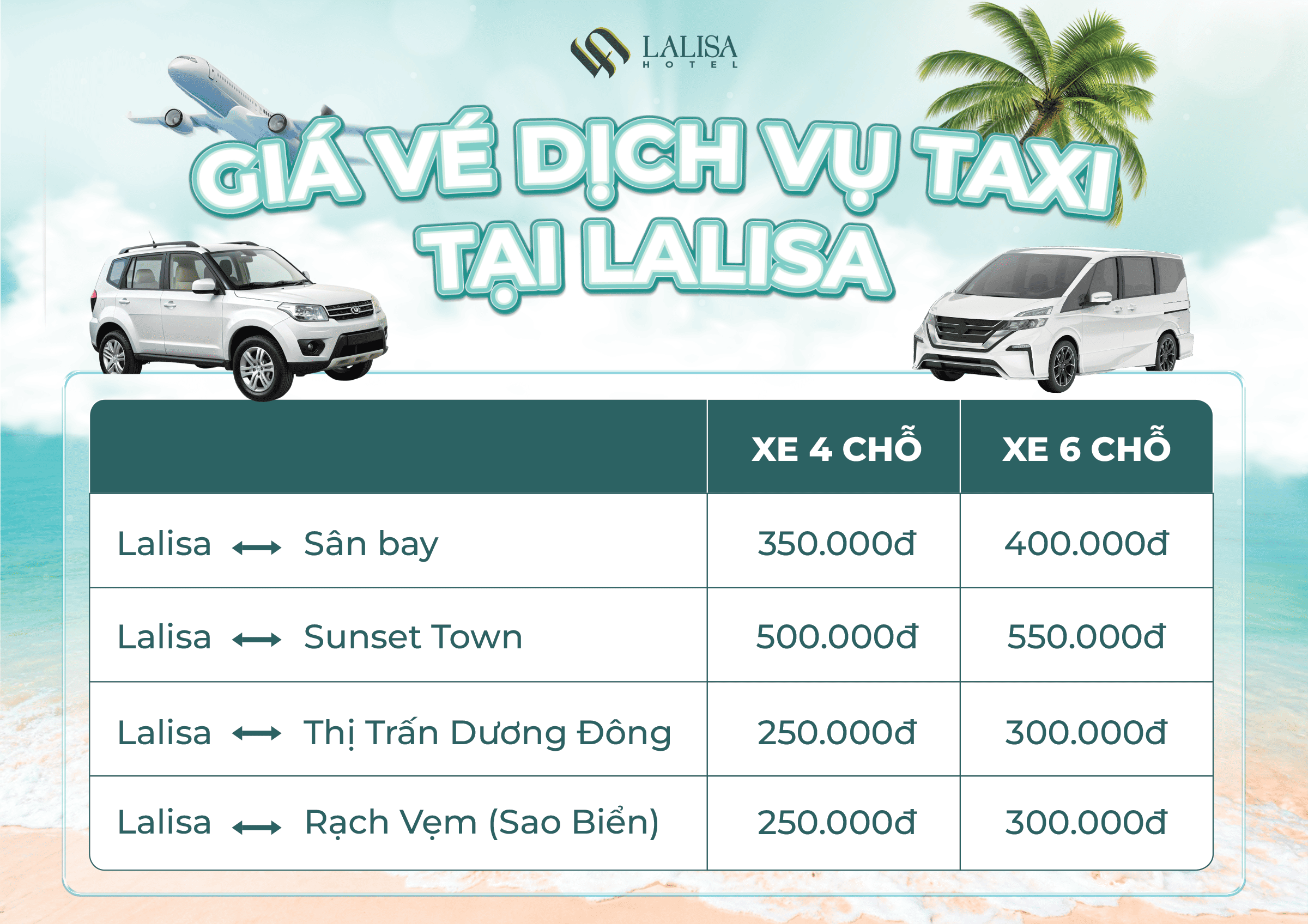 Bảng giá dịch vụ taxi tại Lalisa Hotel